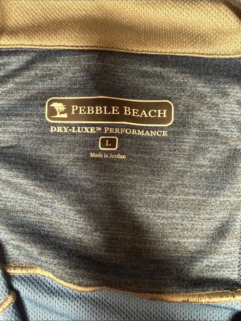 Pebble Beach Heathered Blue quarter zip with Tan Trim